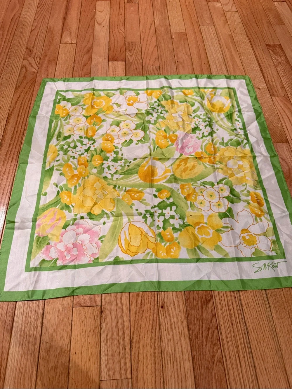 Avon Made in Japan Floral Square Silk Scarf in Yellow, Green & Pink